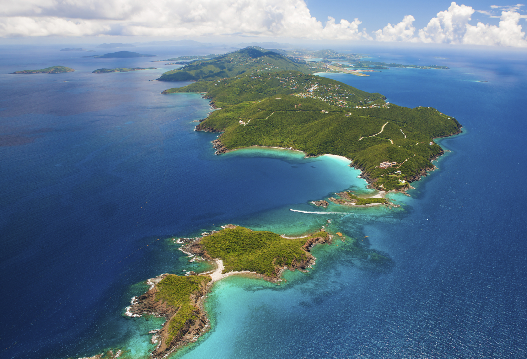 aerial shot of East End, St. Thomas in US Virgin Islands in the foregound, ...